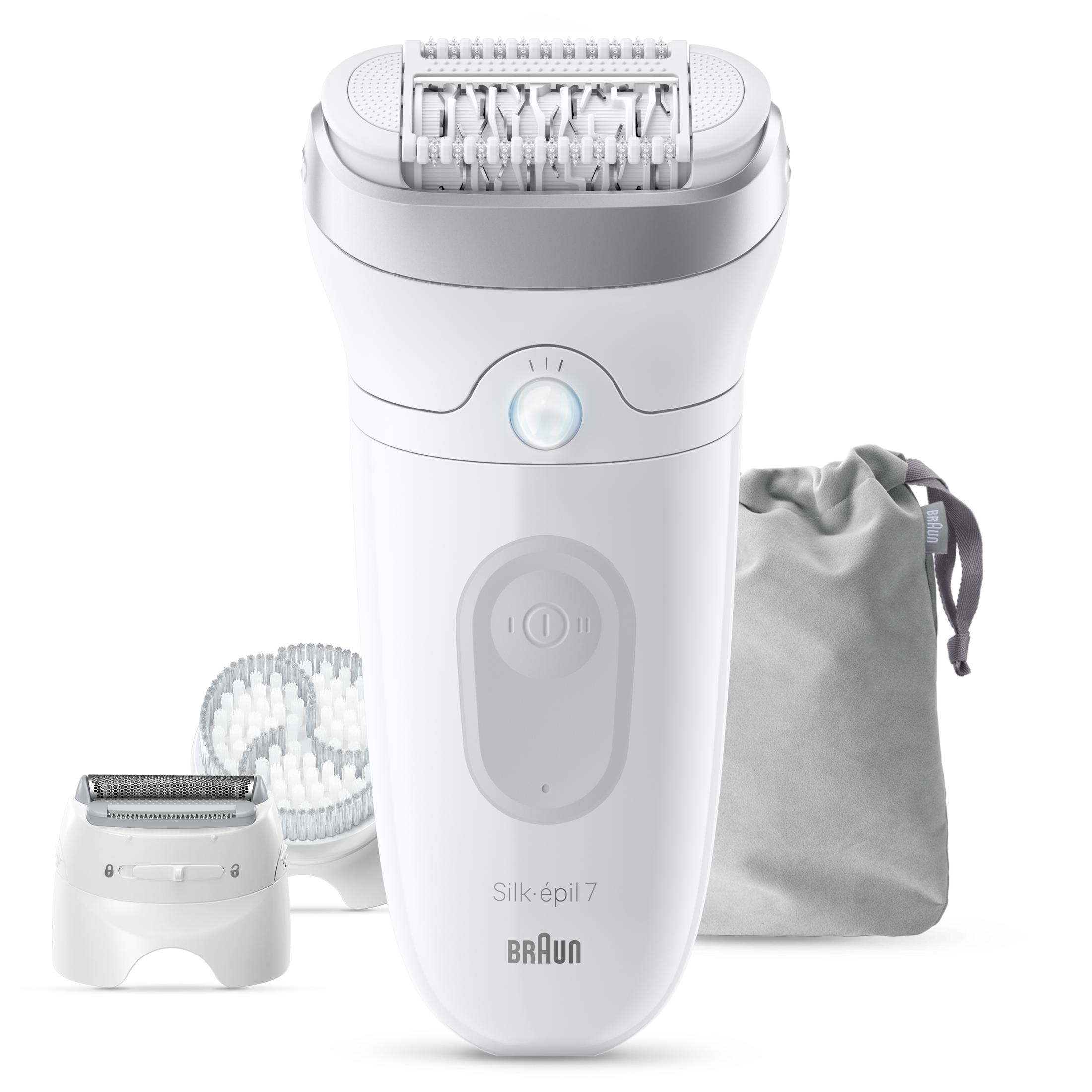 Un epilatore Braun Silk-épil 7 bianco con accessori e sacchetto.