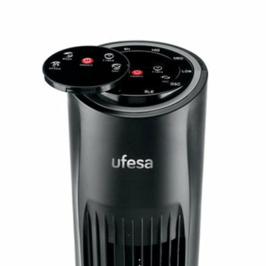 Ventilatore a torre nero con pannello di controllo e logo Ufesa.