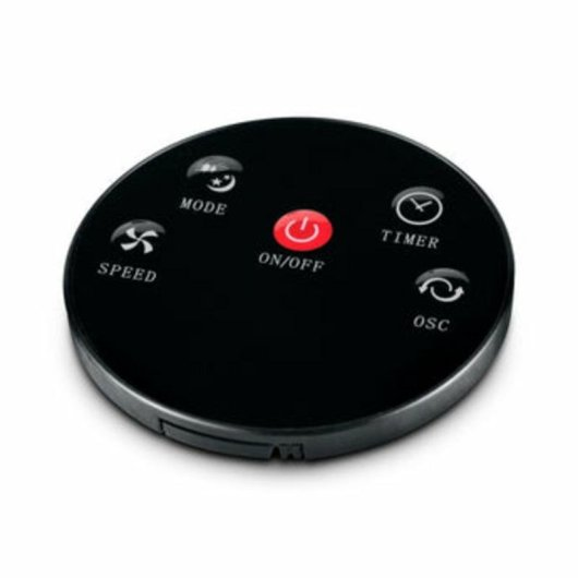 Telecomando nero con pulsanti on/off, modalità, velocità, timer e oscillazione.