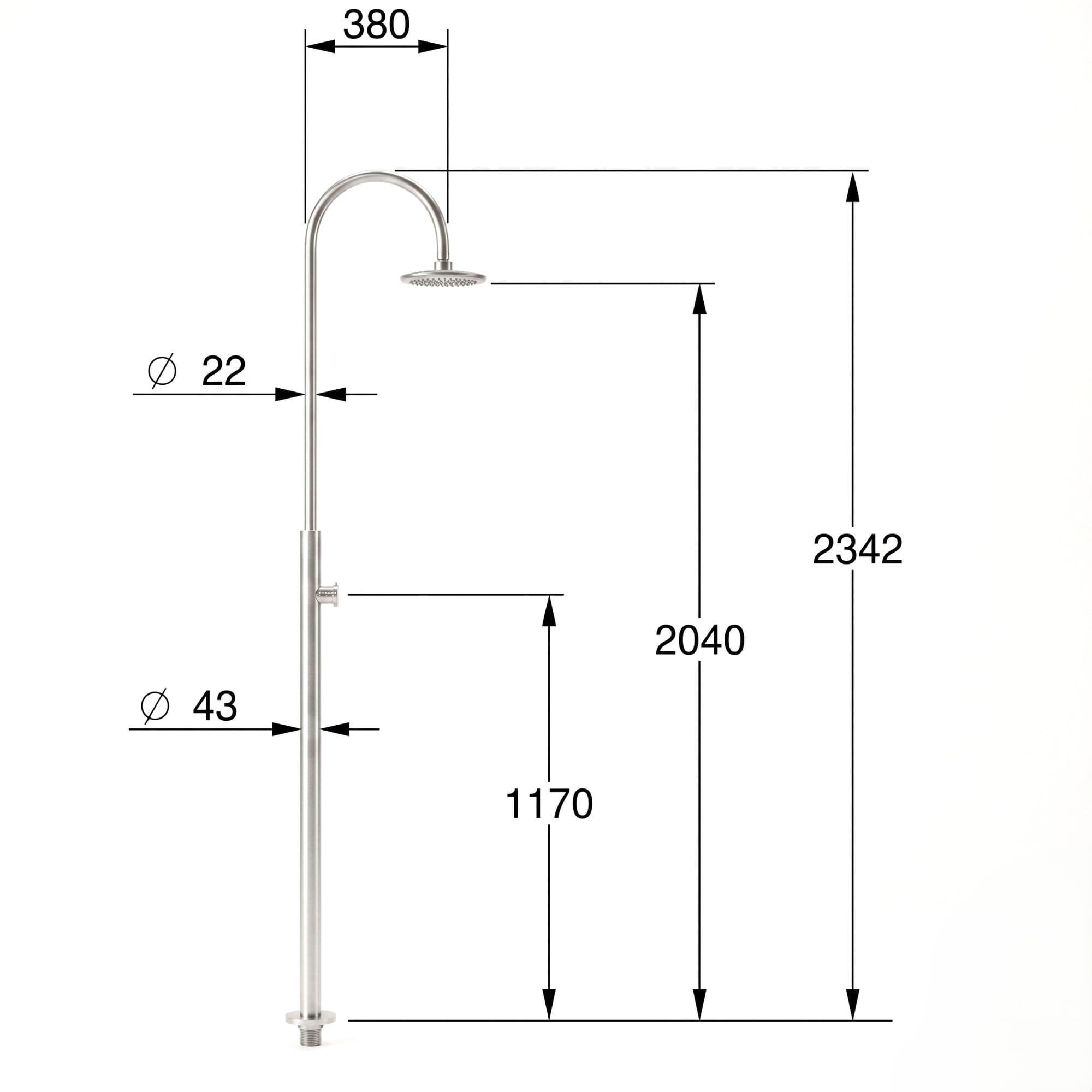 Un dibujo técnico de una columna de ducha con dimensiones.