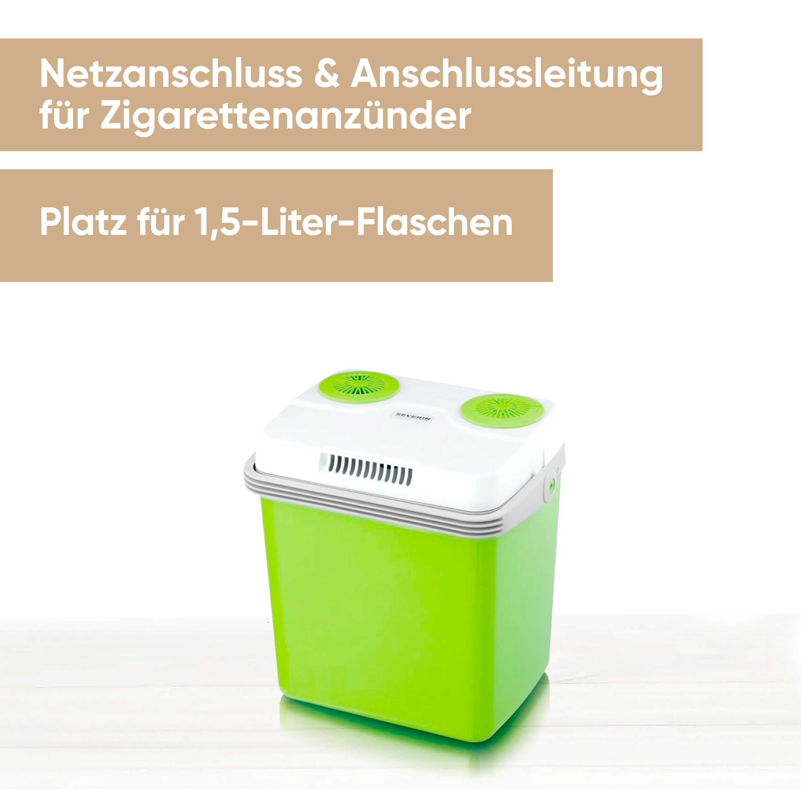 Ein grün-weißer tragbarer Kõhler mit Lüftungsschlitzen oben und Griff.