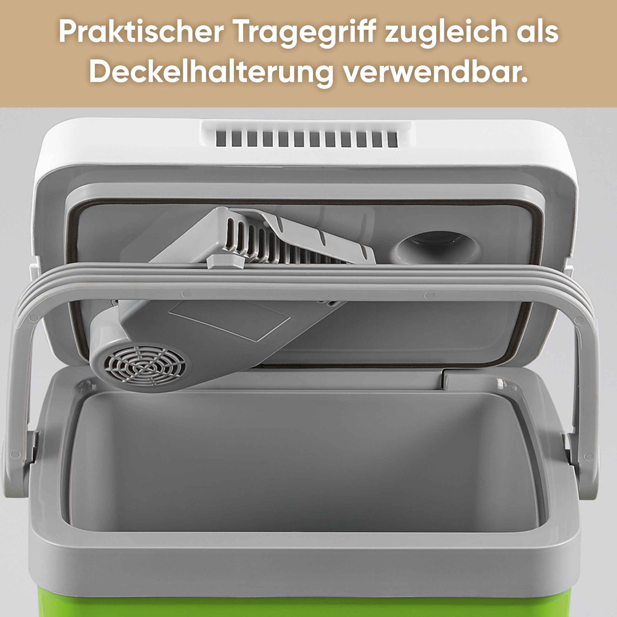 Ein offener, grüngrauer Kühler mit einem Lüftermechanismus im Deckel.