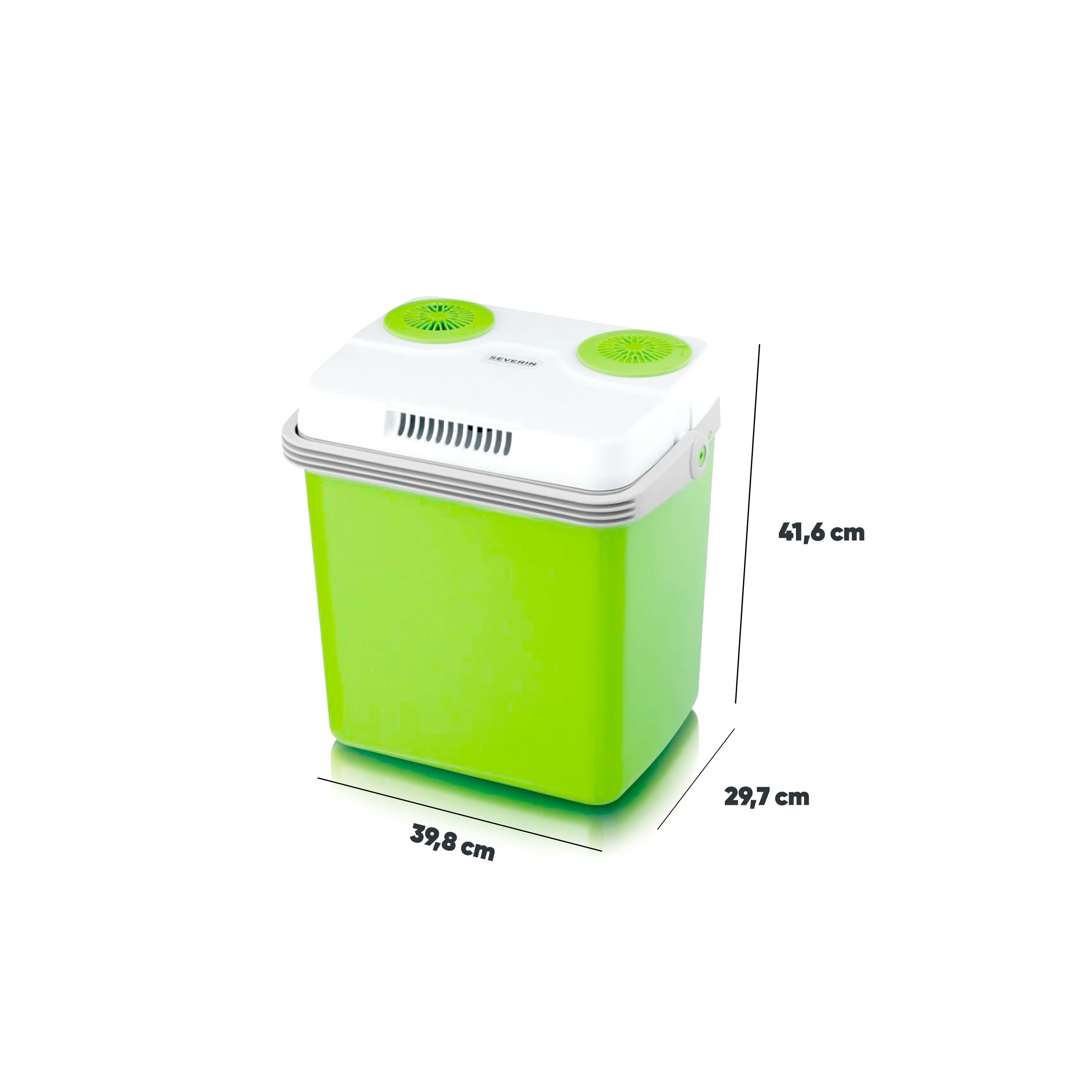 Ein grüner Kühlbox mit weißem Deckel und Lüftungsgittern.