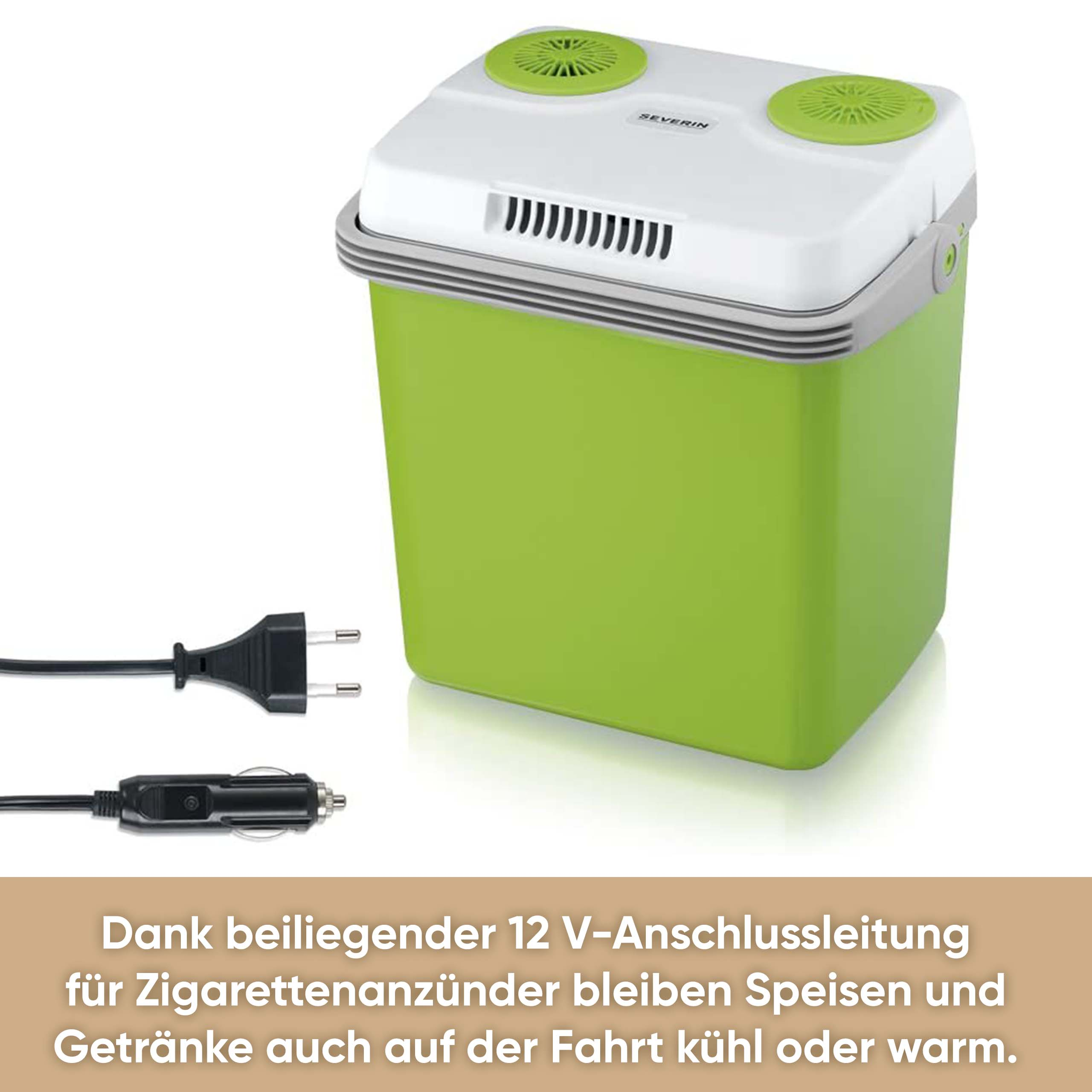Eine grüne Kühlbox mit weißem Deckel und zwei Lüftungsgittern.