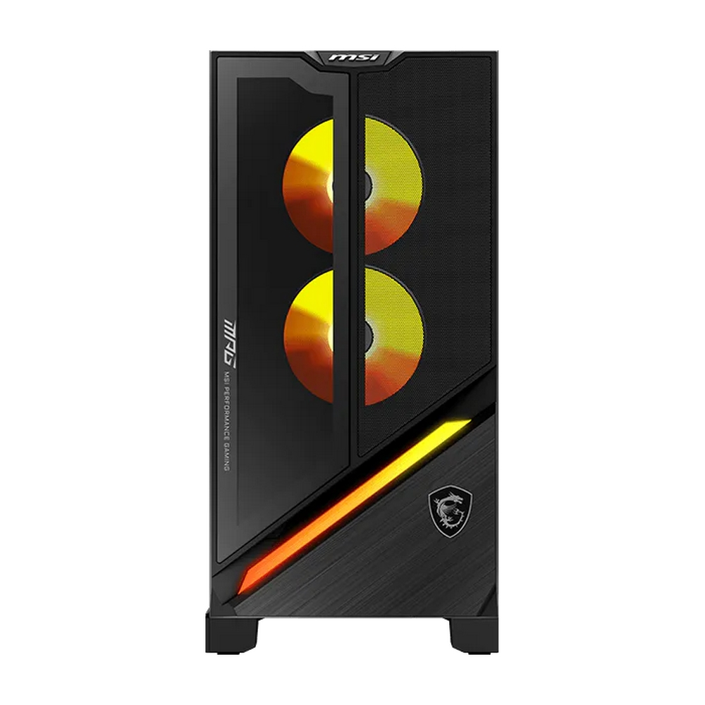 Torre PC nera con due ventole illuminate e strisce LED RGB.