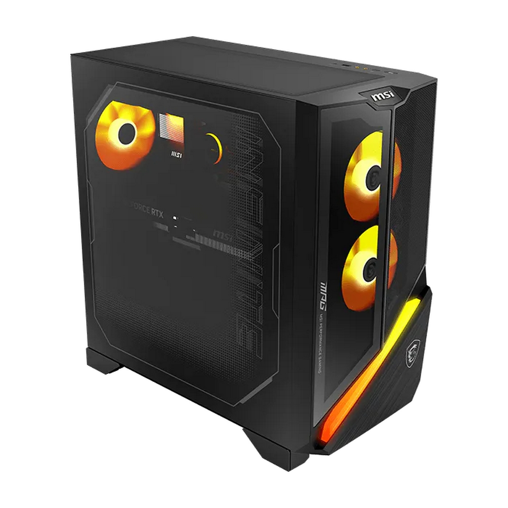PC da gaming nero con ventole arancioni luminose e strisce LED RGB.
