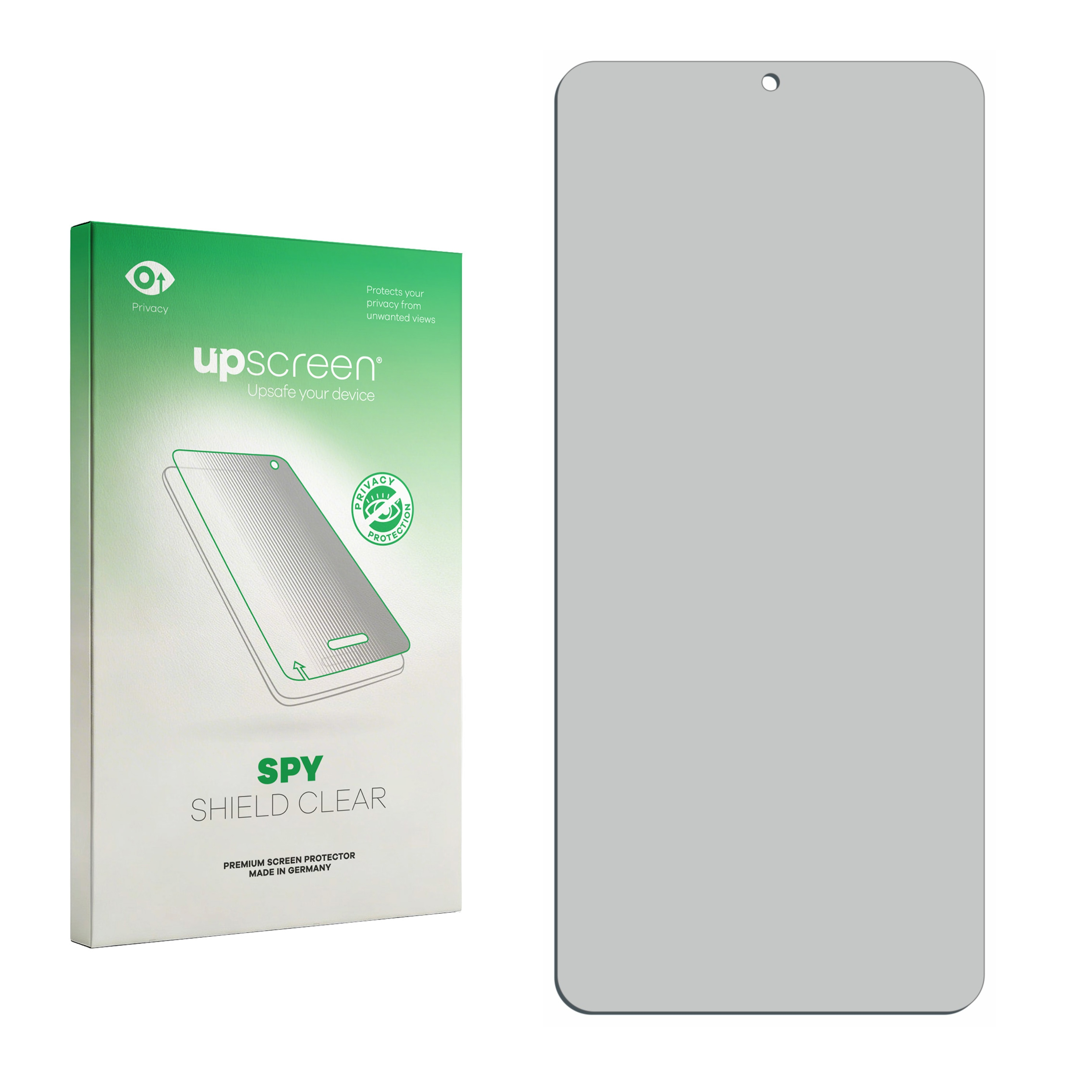 Verpackung und Displayschutzfolie für ein Smartphone. Grüne Verpackung mit Aufdruck.