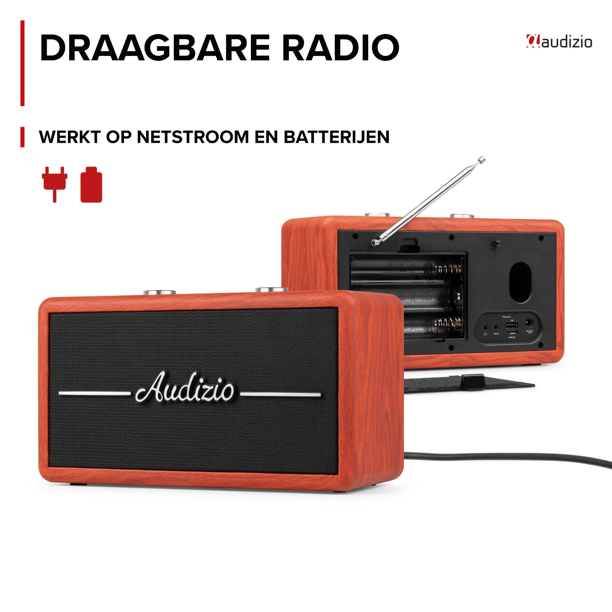 Radio de madera con rejilla de altavoz negra, antena y compartimento.