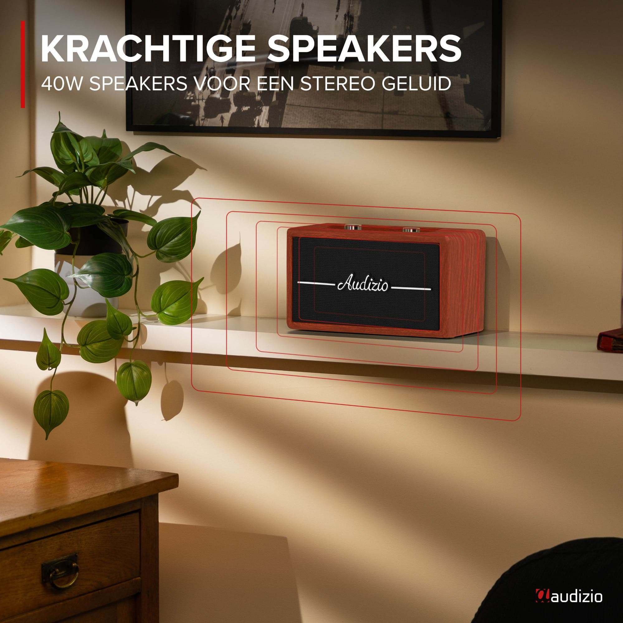 Un altavoz de madera con rejilla negra y logo Audizio sobre un estante.