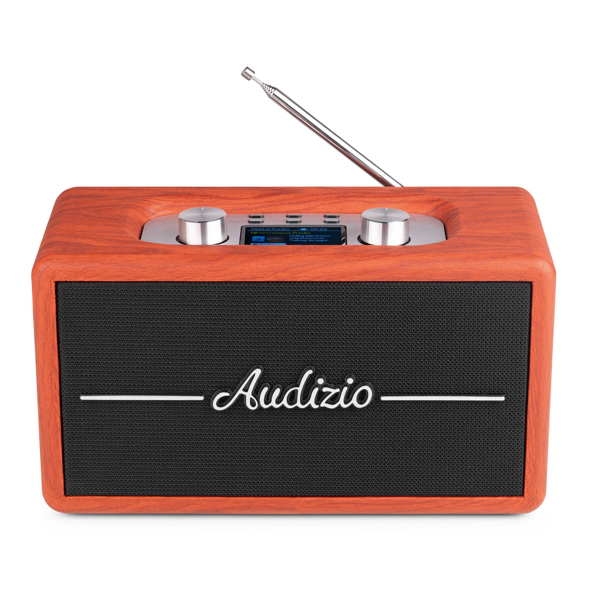 Una radio de madera con rejilla de altavoz negra y antena extensible.
