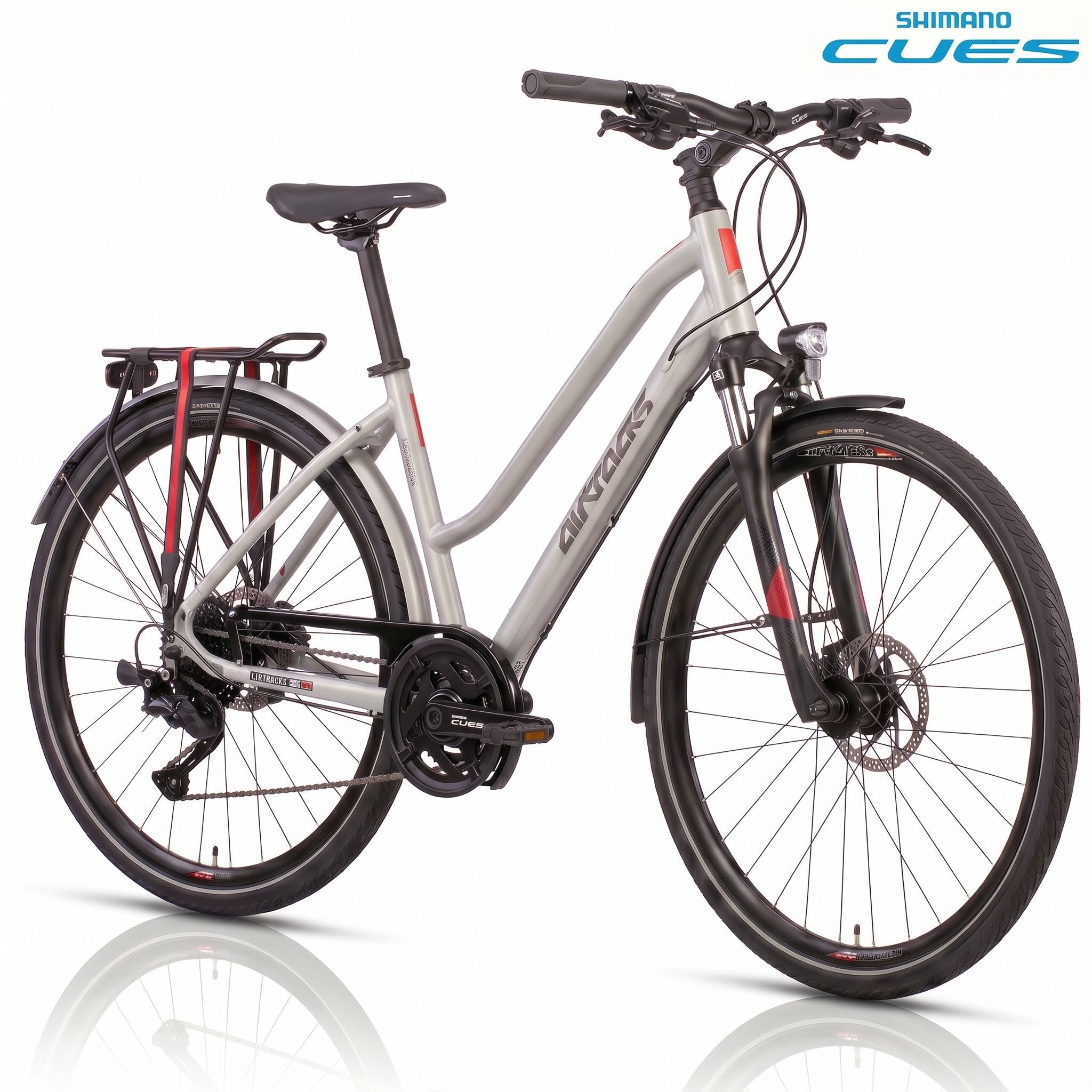 Graues Fahrrad mit Gepäckträger, Schutzblechen und Shimano CUES.