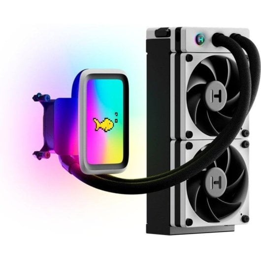 Sarı balık gösteren kare ekrana sahip bir PC soğutucusu.