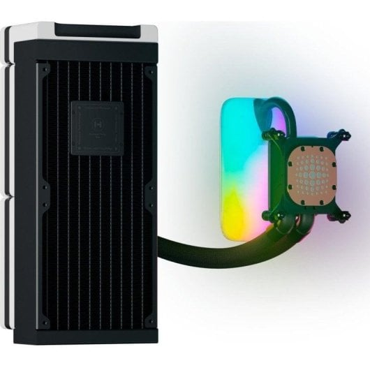Radyatörlü ve RGB aydınlatmalı siyah bilgisayar CPU soğutucu.