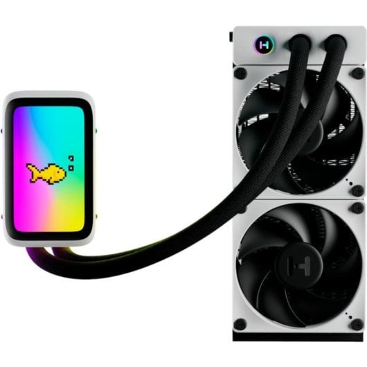 İki fanlı beyaz bir CPU soğutucu ve üzerinde pikselli balık gösteren küçük bir ekran.