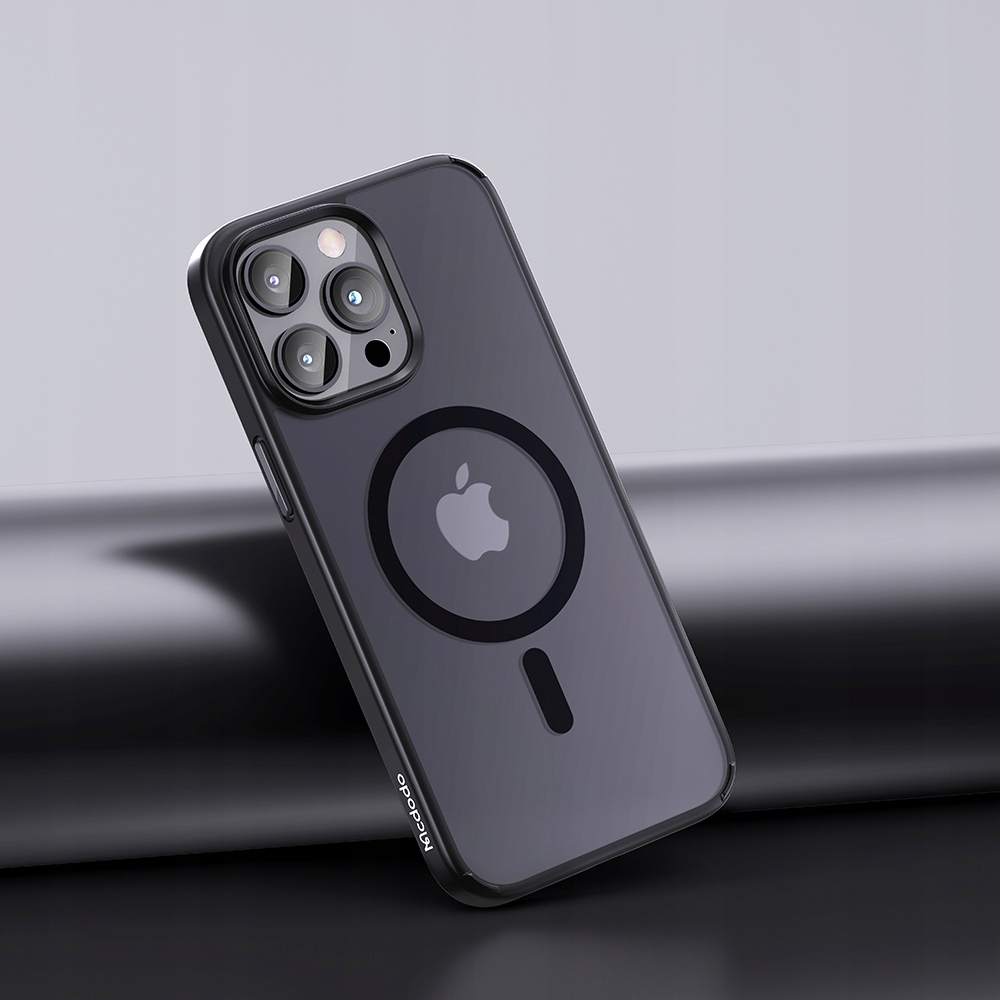 Cover grigio scuro per iPhone con anello magnetico circolare e logo Apple.
