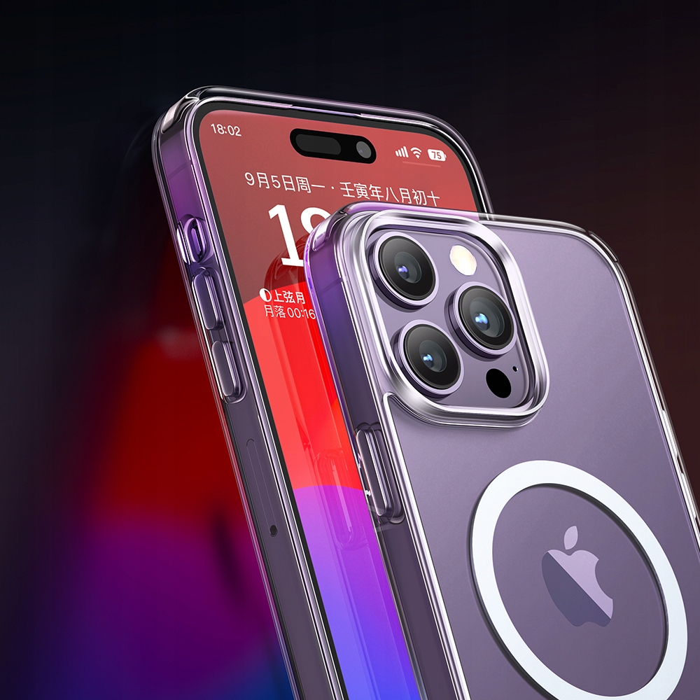 Una custodia viola trasparente su un telefono con fotocamere e logo Apple.
