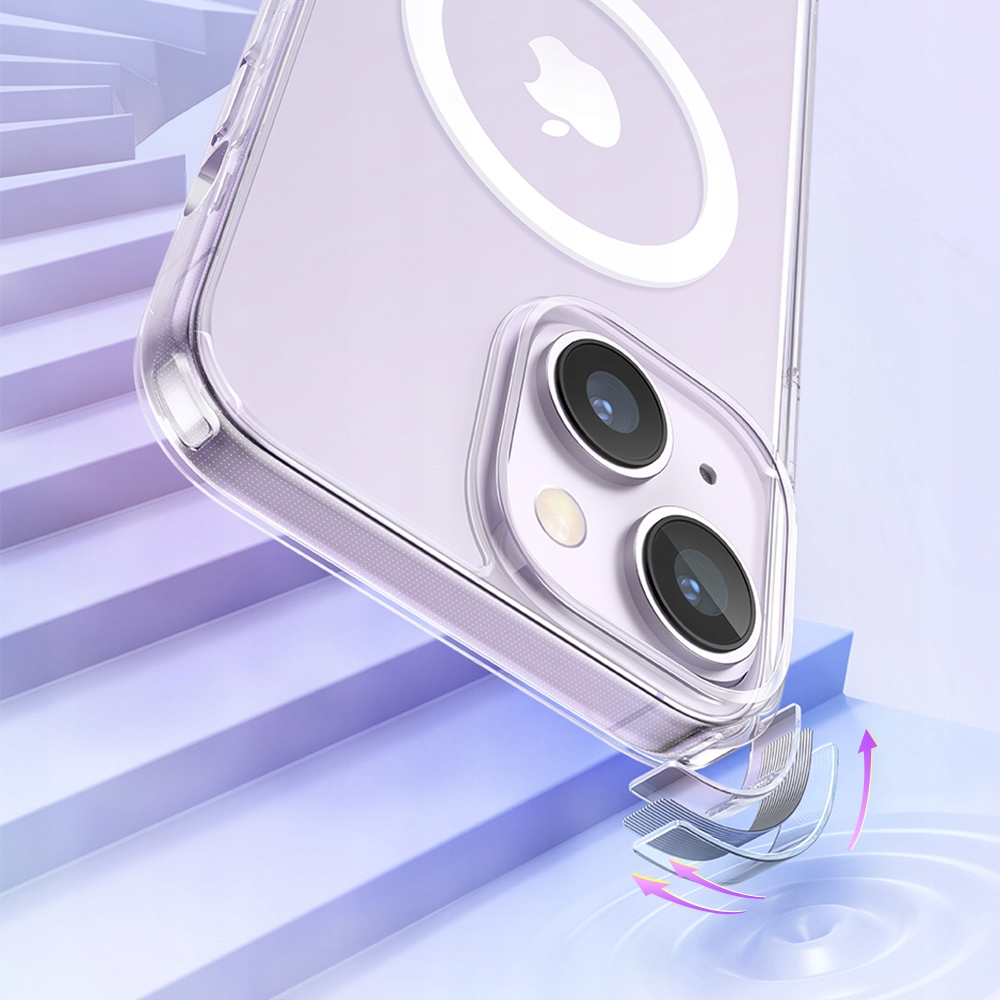 Custodia trasparente per telefono con due fotocamere su gradini viola.