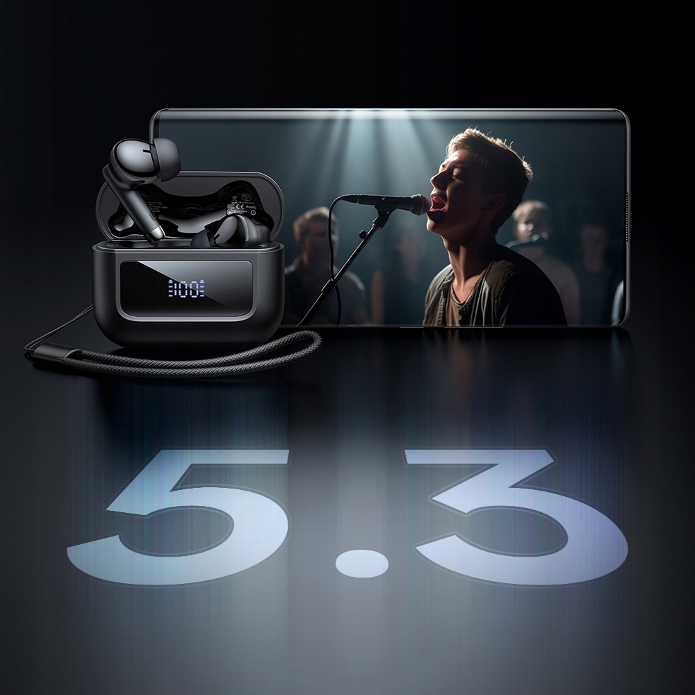 Auricolari wireless in custodia su superficie nera con telefono che mostra un cantante. Grande grafica '5.3'.