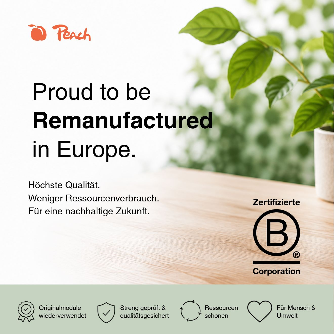 Logo Peach, "Orgogliosi di essere Rigenerati in Europa", sigillo B Corp, icone qualità.