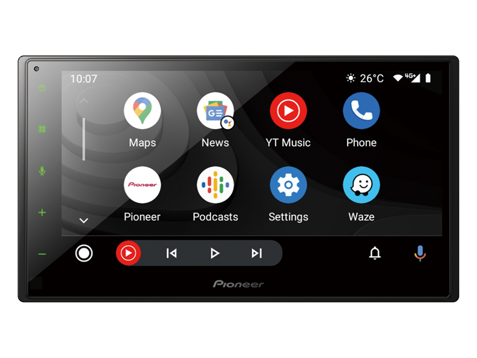Pantalla de autorradio Pioneer con apps como Mapas, Noticias, YT Music, Teléfono, Podcasts, Ajustes y Waze.