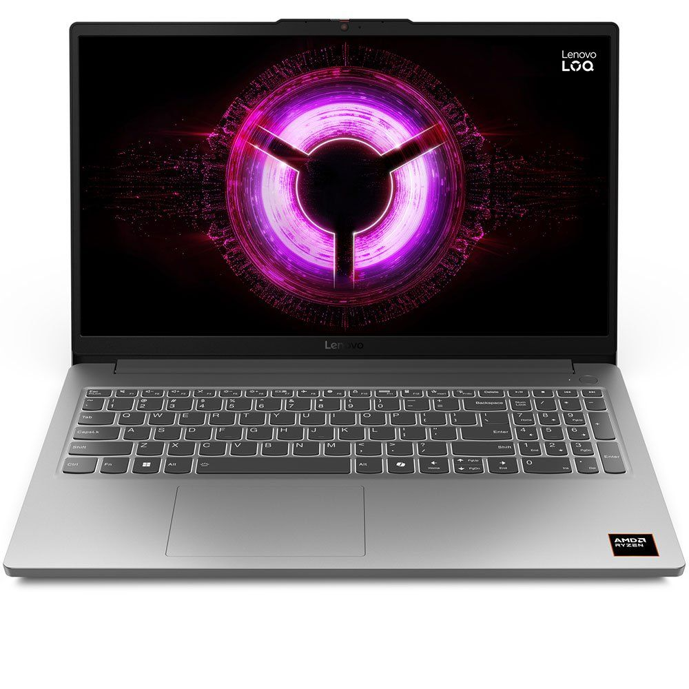 Ekranında canlı mor dairesel grafik bulunan gümüş rengi Lenovo dizüstü bilgisayar.