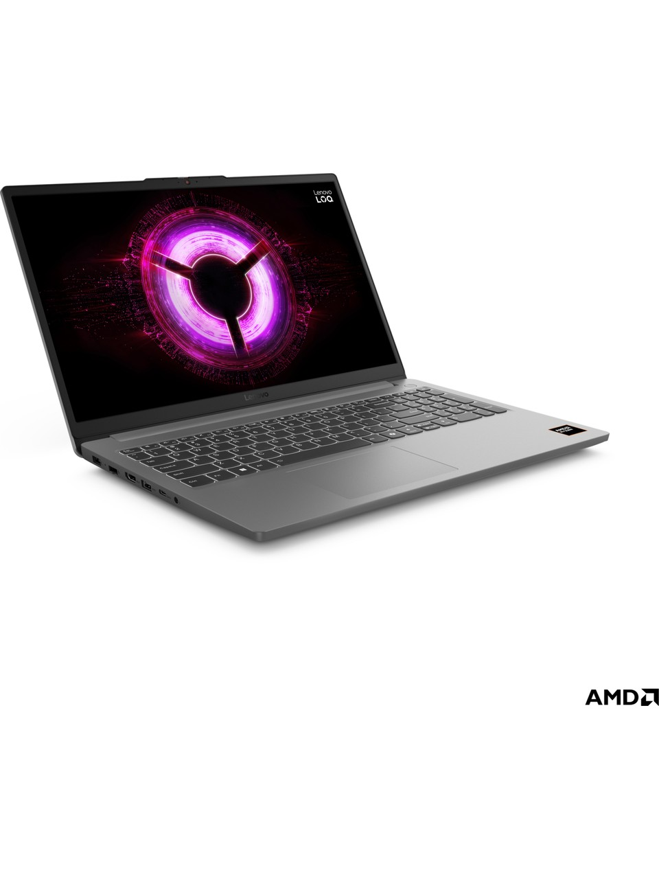 Ekranında mor dairesel grafik bulunan gri Lenovo LOQ dizüstü bilgisayar.