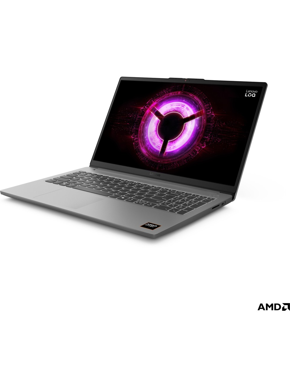 Ekranında mor dairesel desen bulunan gri Lenovo LOQ dizüstü bilgisayar. Sağ altta AMD logosu.