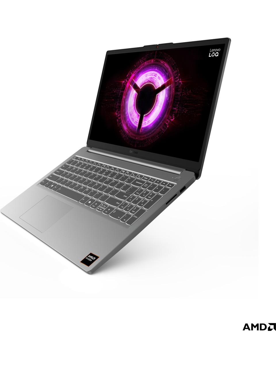 Gümüş rengi Lenovo dizüstü bilgisayar, AMD Ryzen logosu ile canlı mor bir grafik gösteriyor.