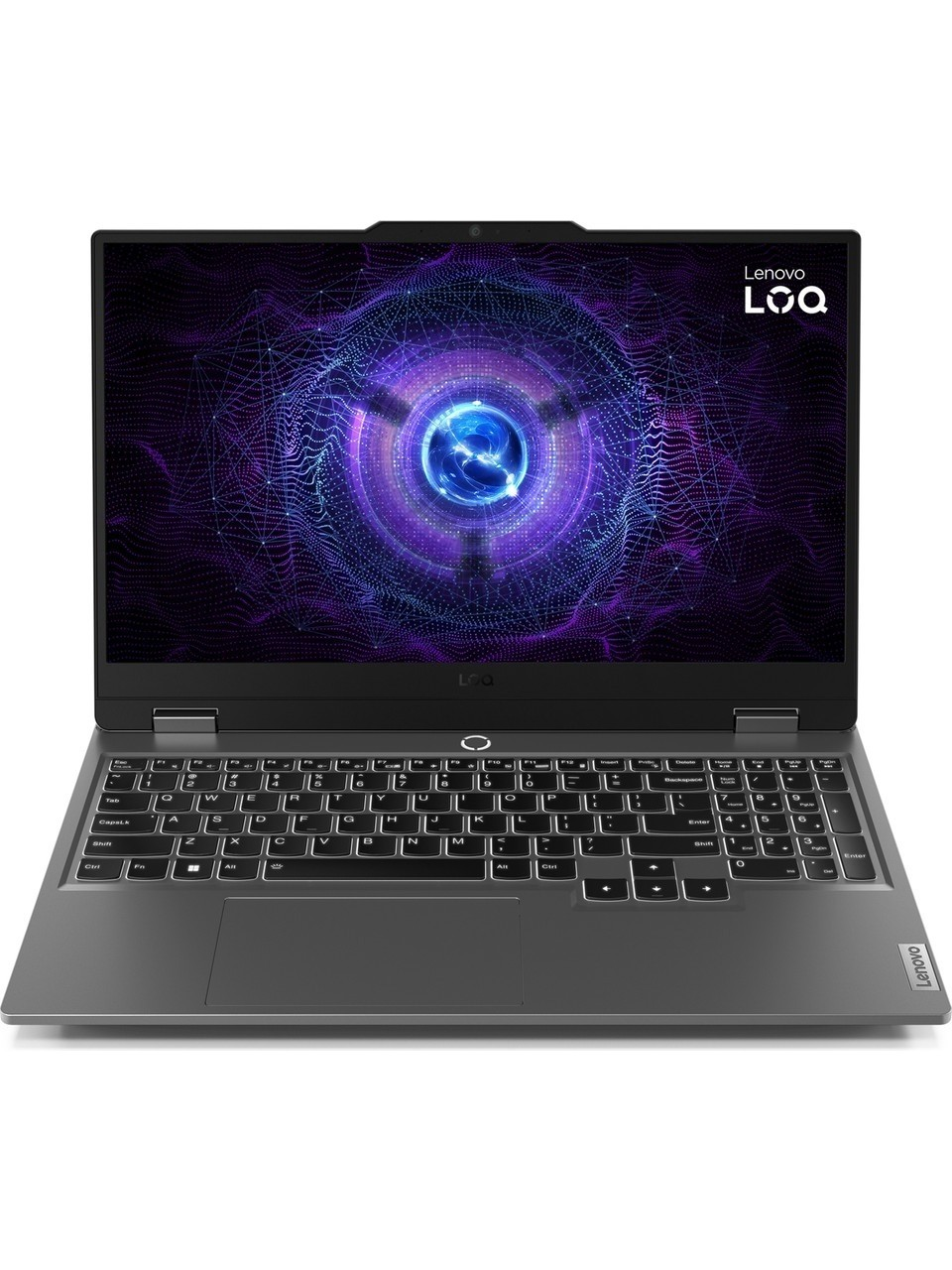 Açık gri Lenovo dizüstü bilgisayar ekranında soyut mor desen görünüyor.