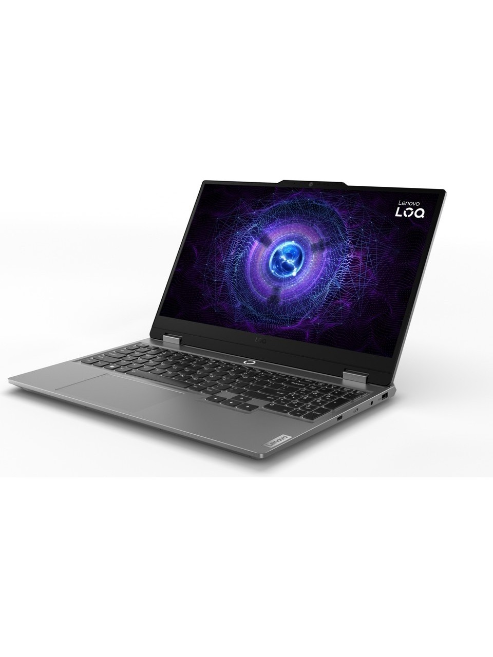 Ekranında parlak, soyut duvar kağıdı bulunan gri bir Lenovo LOQ oyun dizüstü bilgisayarı.
