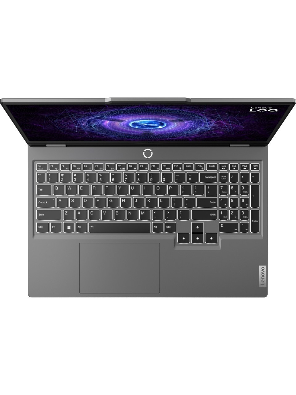 Mor desenli ekrana sahip açık gri Lenovo dizüstü bilgisayar.
