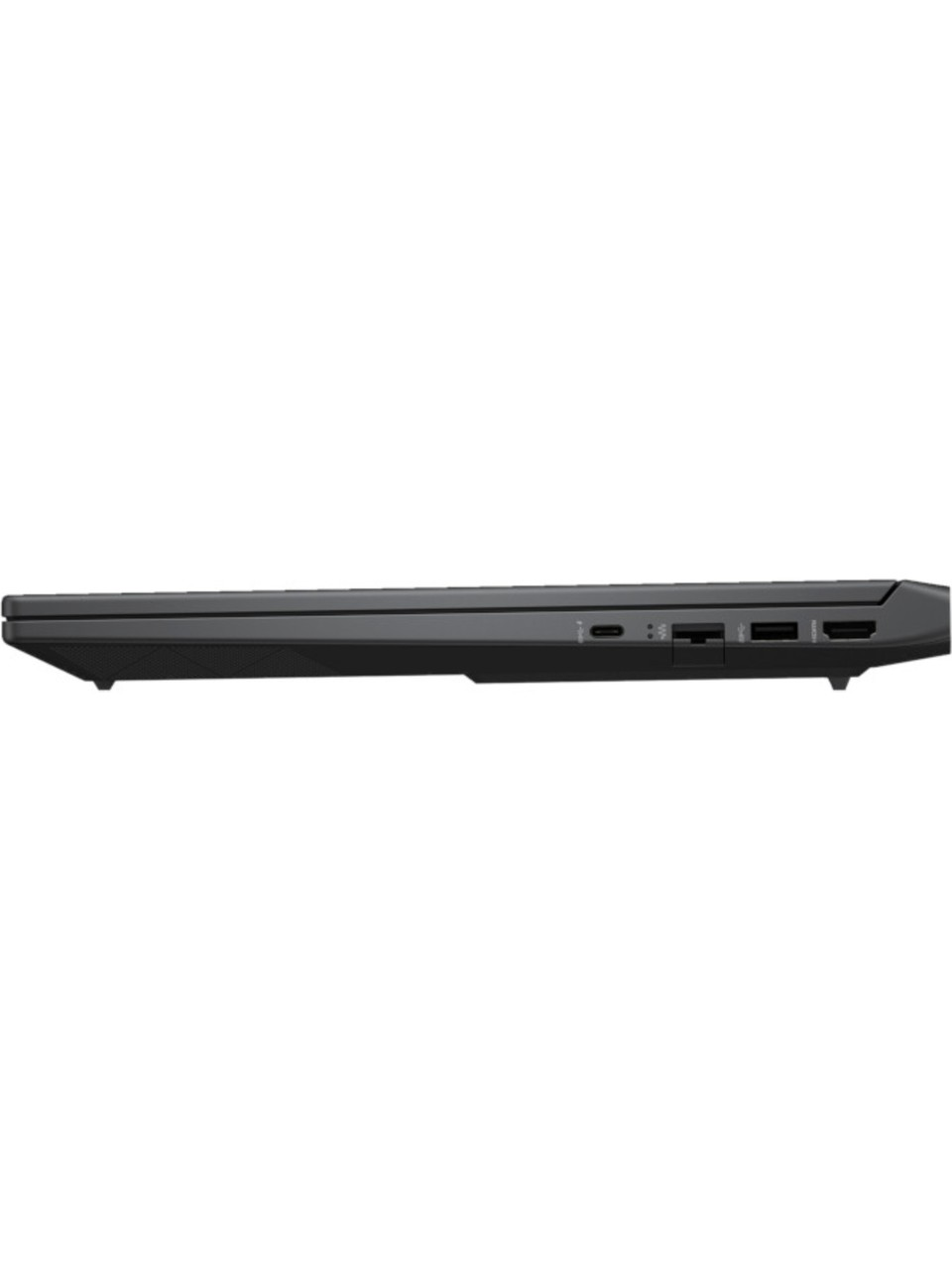 USB-C ve USB-A bağlantı noktalarını gösteren siyah dizüstü bilgisayar yan görünümü.