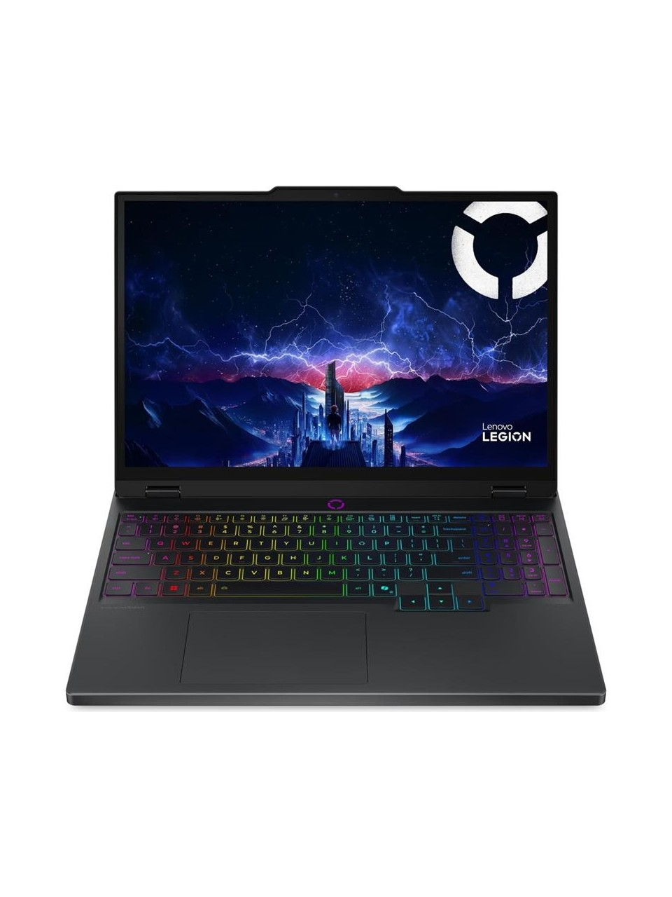 Fütüristik şehir duvar kağıdı ve aydınlatmalı klavyeye sahip Lenovo Legion dizüstü bilgisayar.