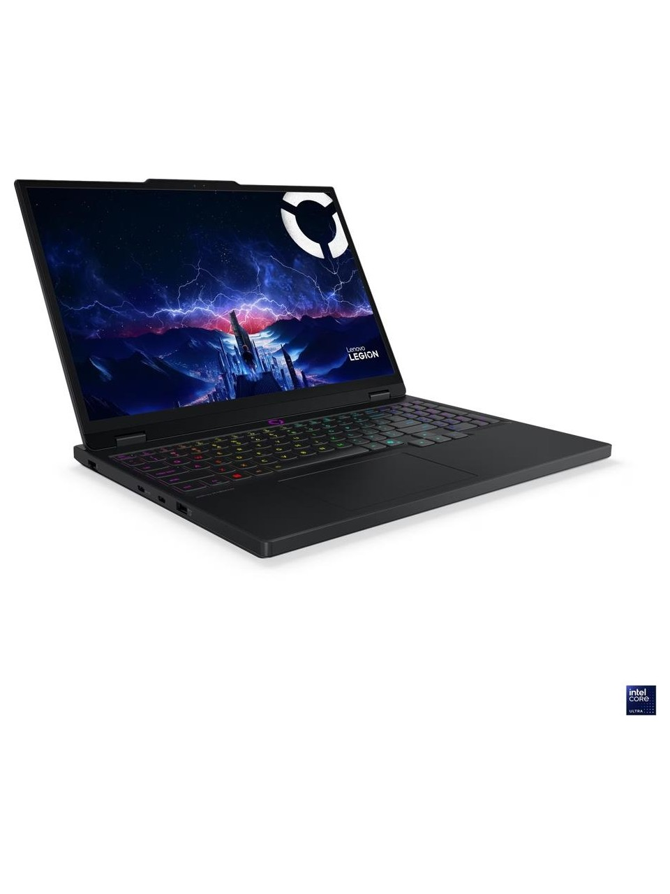 Arkadan aydınlatmalı klavyeli ve Lenovo Legion logolu siyah dizüstü bilgisayar.
