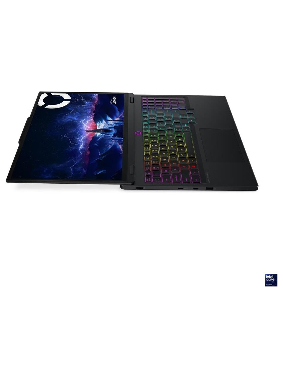 Açık siyah dizüstü bilgisayar, canlı bir ekran ve aydınlatılmış klavye gösteriyor. Intel Core Ultra logosu görünüyor.