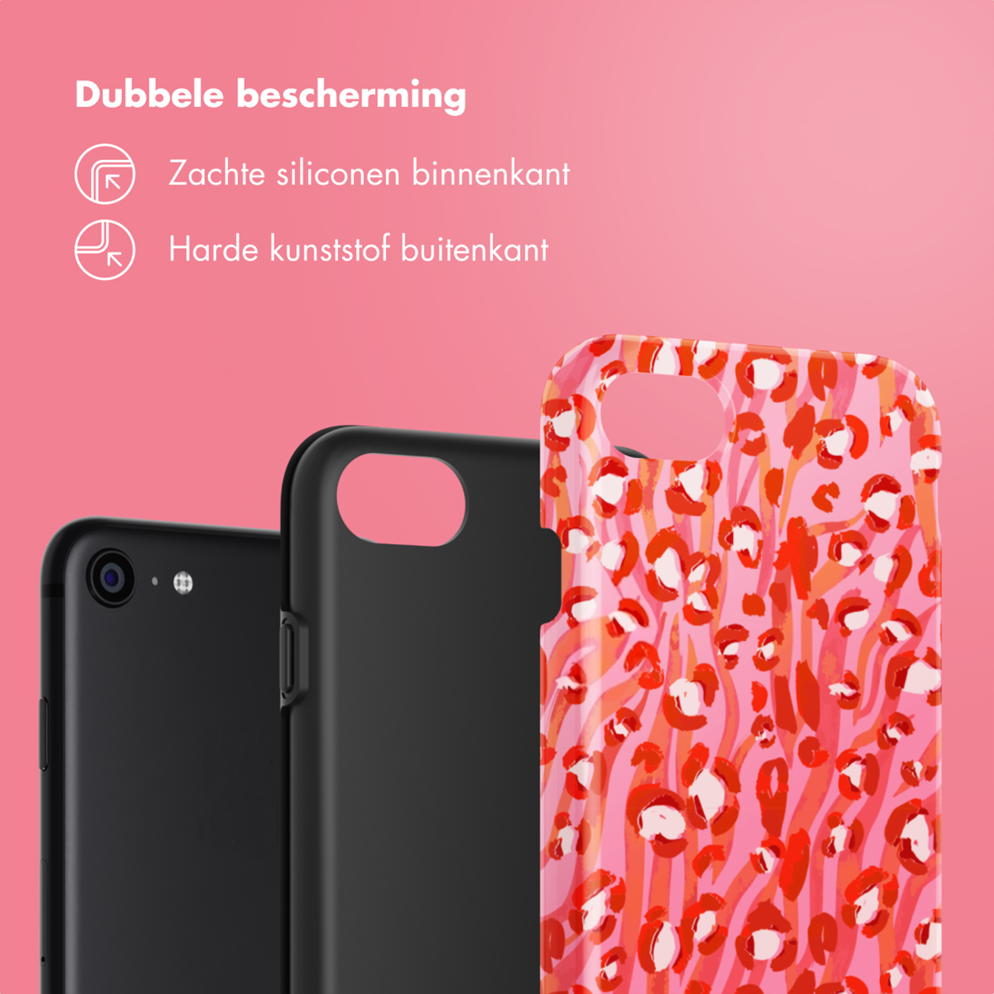Due custodie per telefono: una nera e una con stampa leopardata rosa.