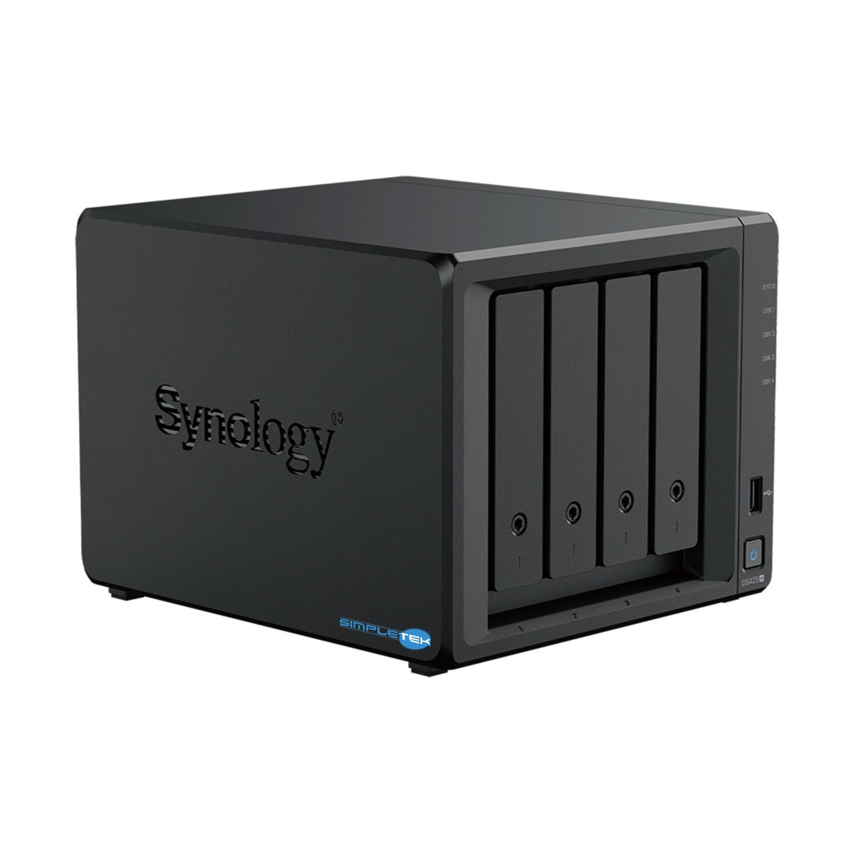 Ein schwarzes Synology NAS-Gerät mit vier Einschüben steht auf weißem Hintergrund.
