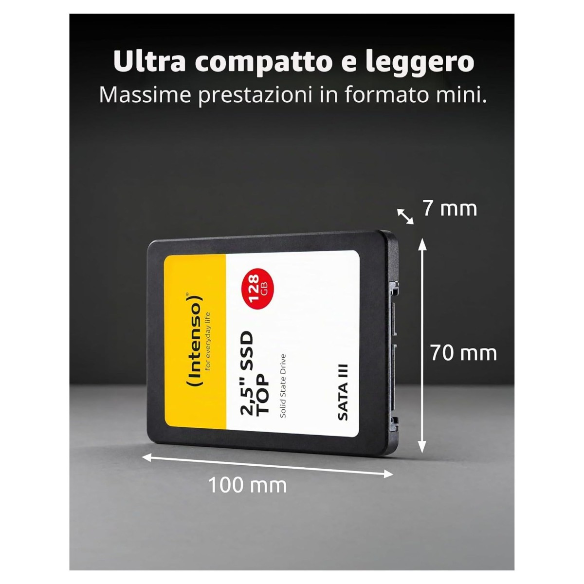 100x70x7 mm boyutlarında, 128 GB kapasiteli 2,5 inç Intenso SSD.
