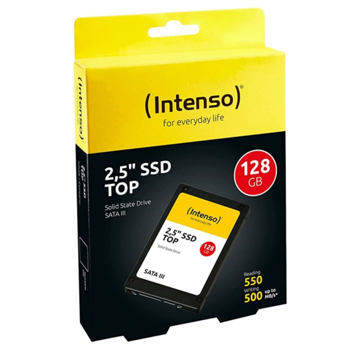 128 GB Intenso 2,5" SSD kutusu, okuma/yazma hızlarını gösteriyor.