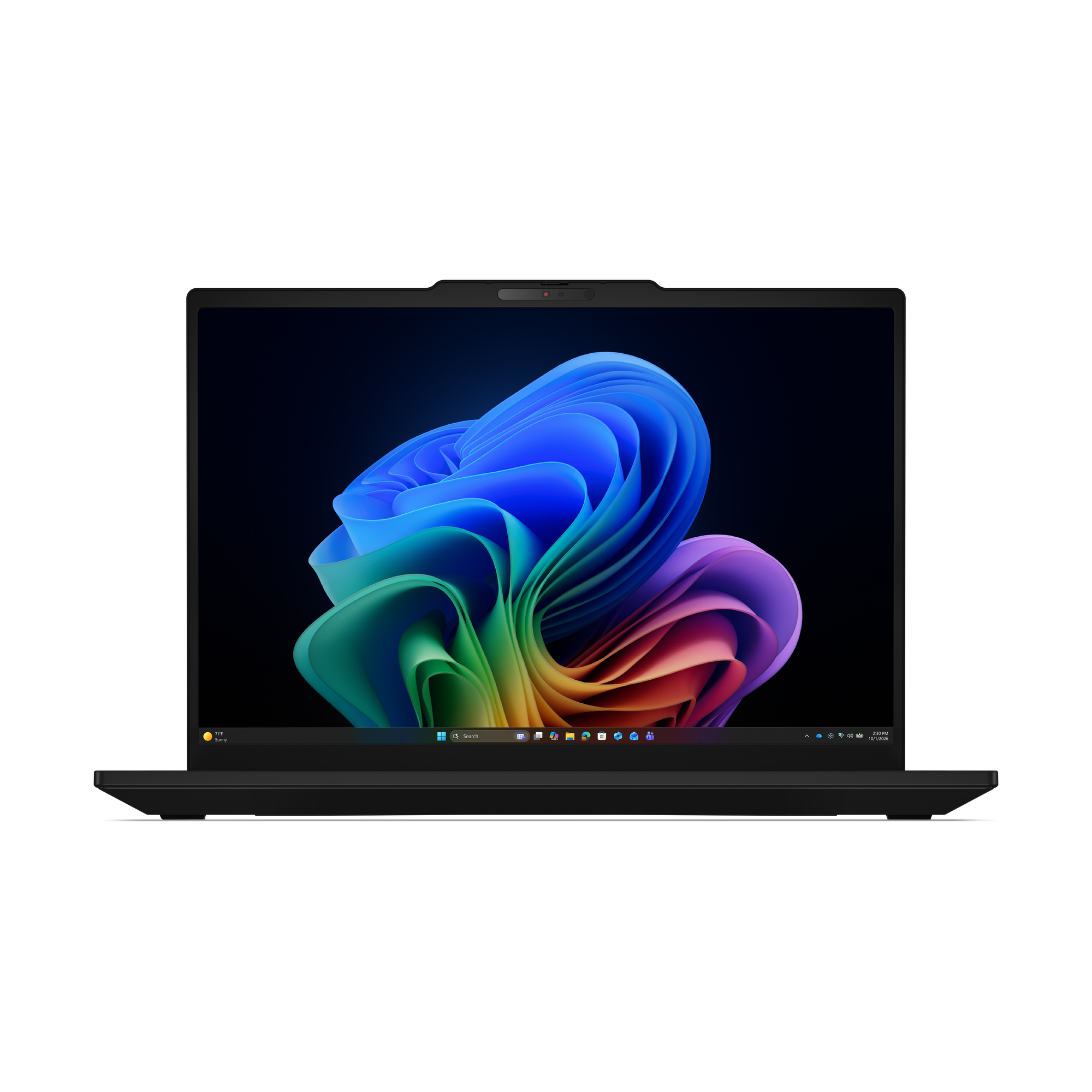 Laptop nero con uno sfondo astratto colorato sullo schermo.