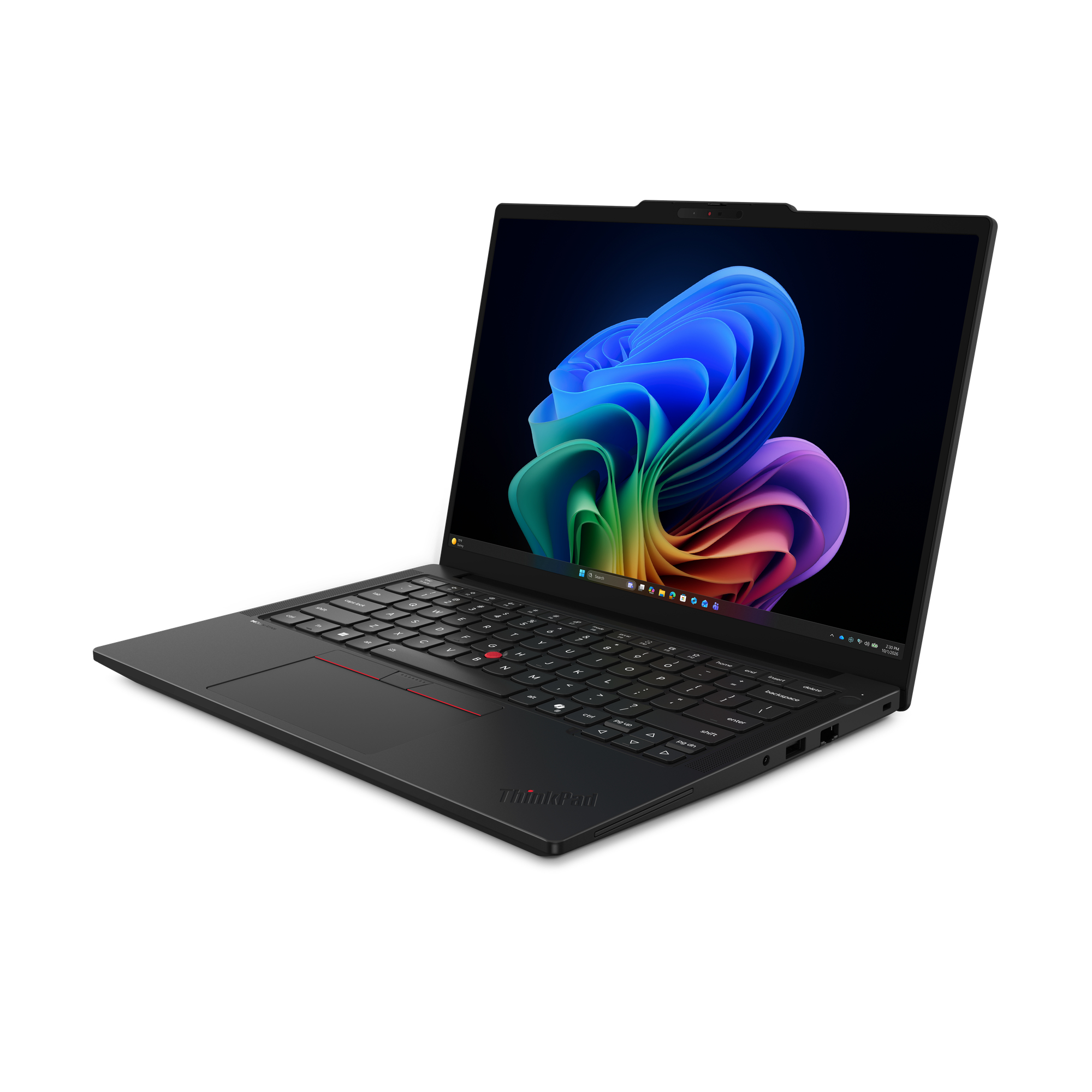 Un laptop nero ThinkPad è aperto, visualizza uno sfondo colorato sul suo schermo.