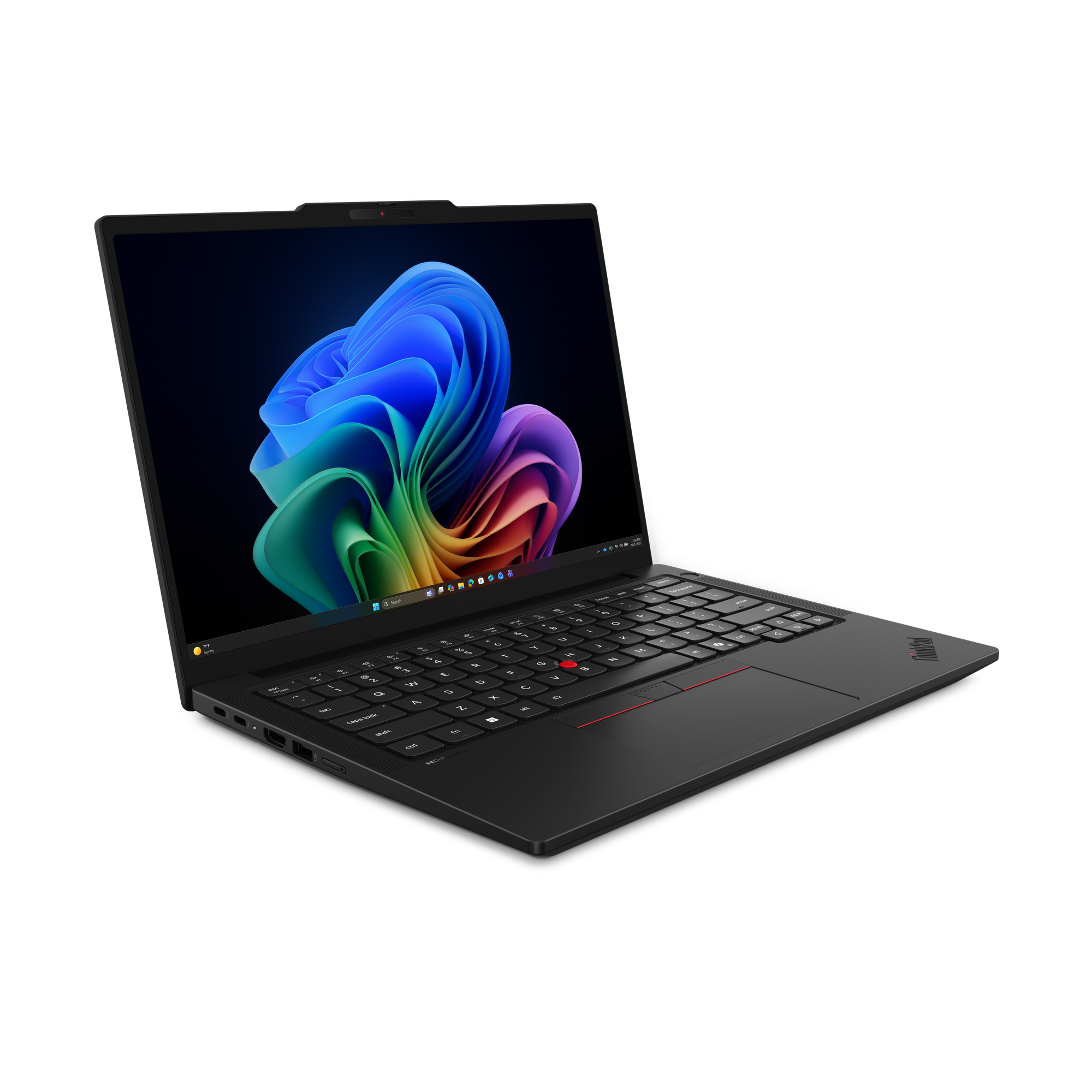 Laptop nero con sfondo colorato, tastiera e touchpad.