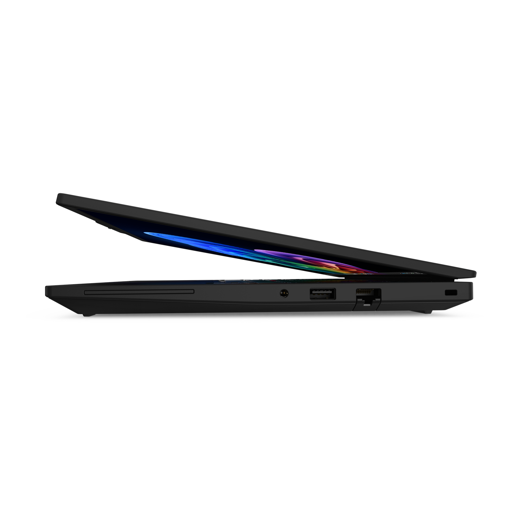 Laptop nero di profilo, schermo leggermente aperto che mostra un gradiente.