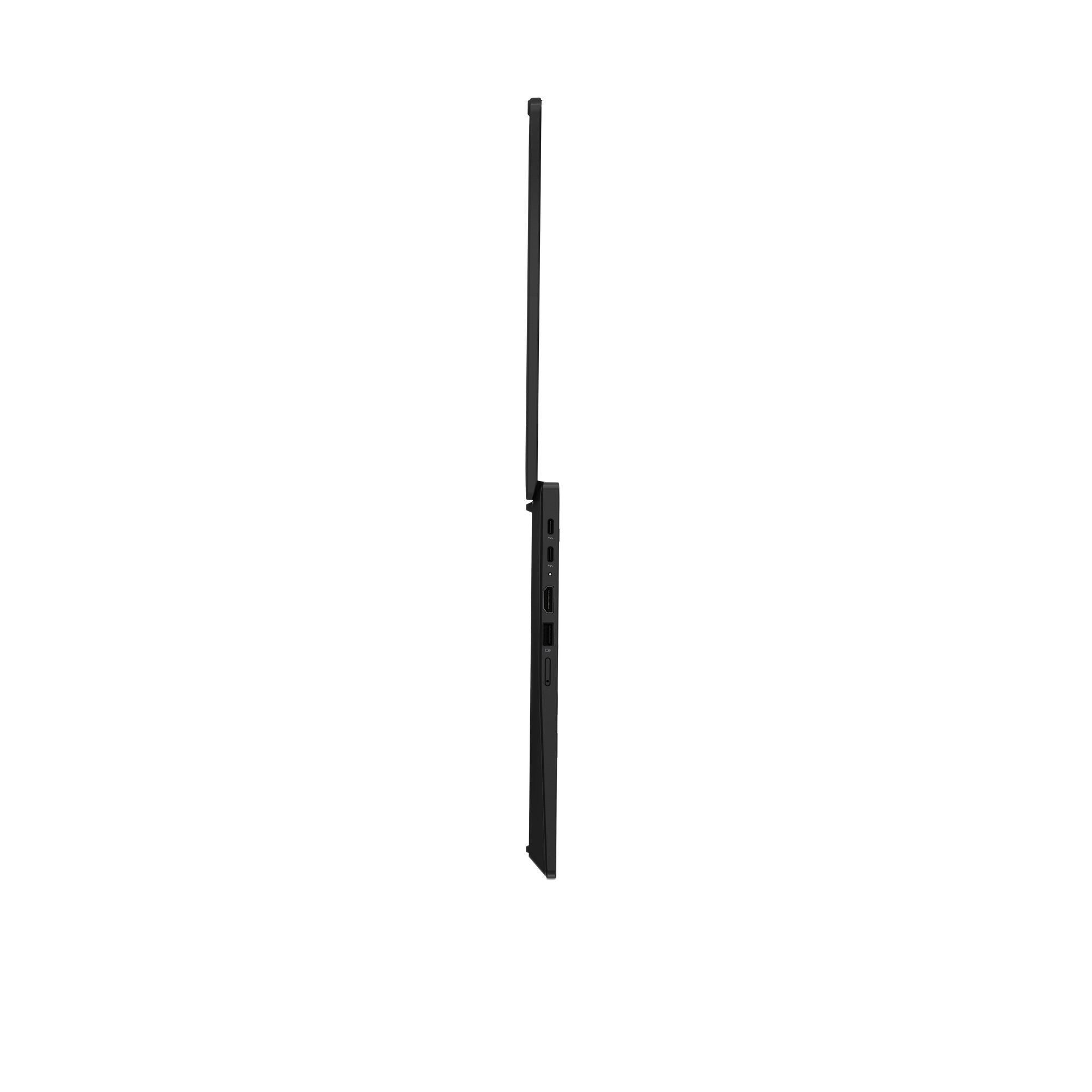 Laptop nero di lato con schermo aperto e porte visibili.
