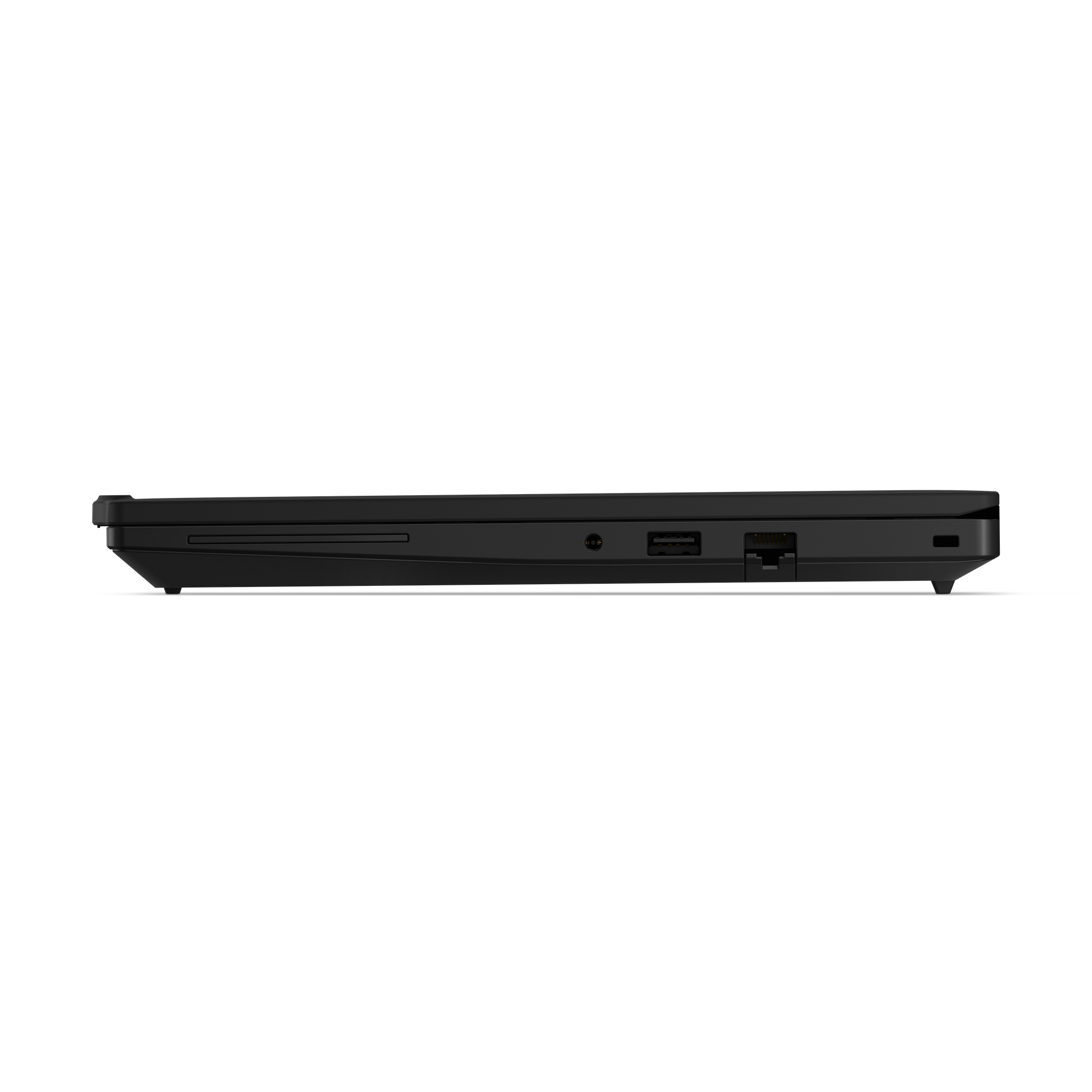 Laptop nero di lato, con porte USB ed Ethernet.