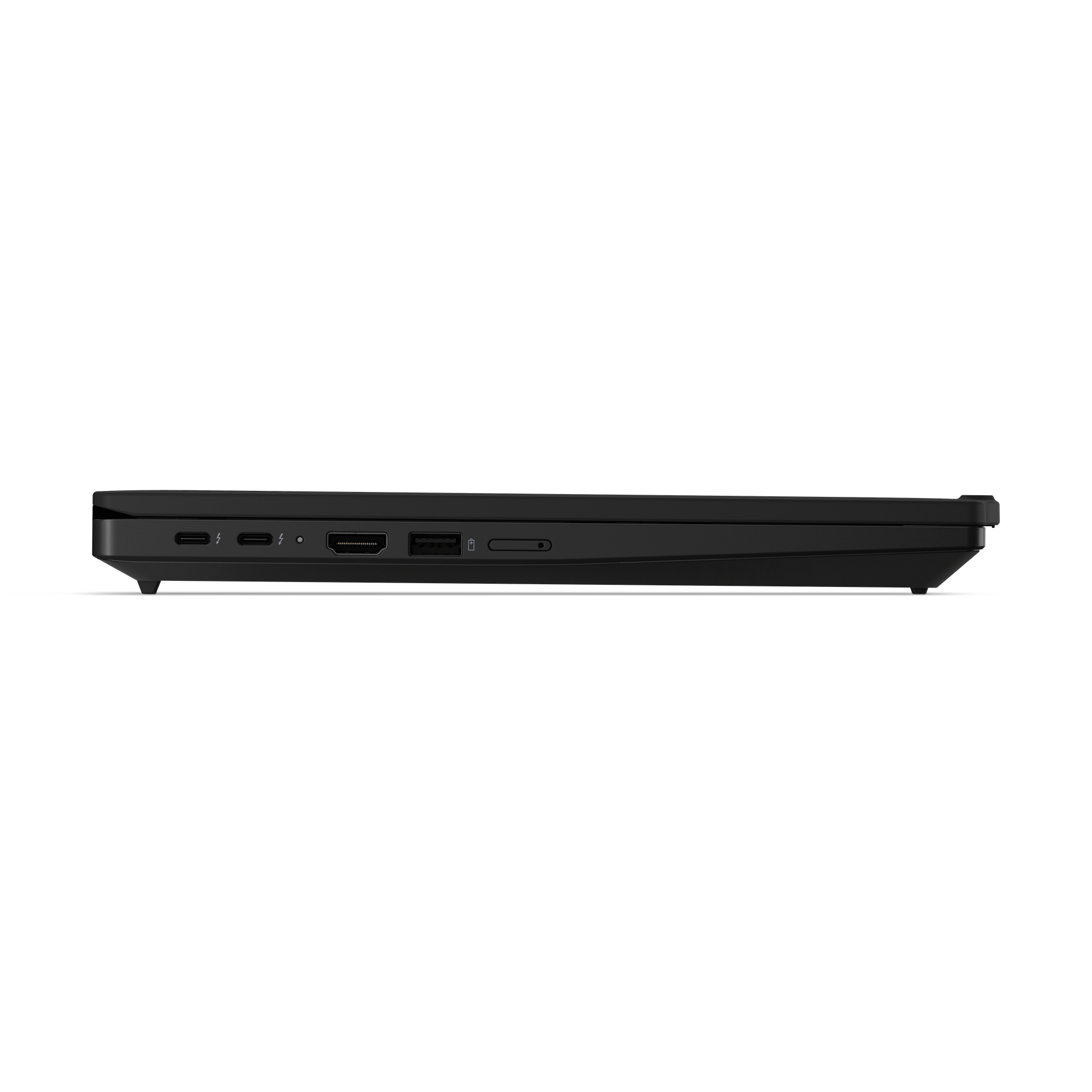 Lato di un laptop nero con due porte Thunderbolt, HDMI e USB.