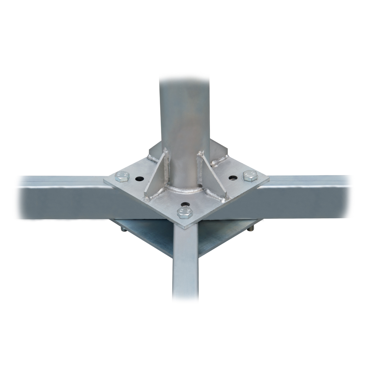 Metallfuß mit vier Schrauben und einer vertikalen Stange auf einem Kreuz aus Metallträgern.