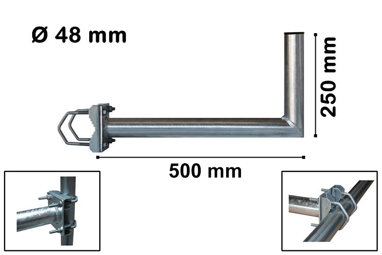 Ein L-förmiges Metallrohr mit 48mm Durchmesser, 500mm lang, mit Halterung.