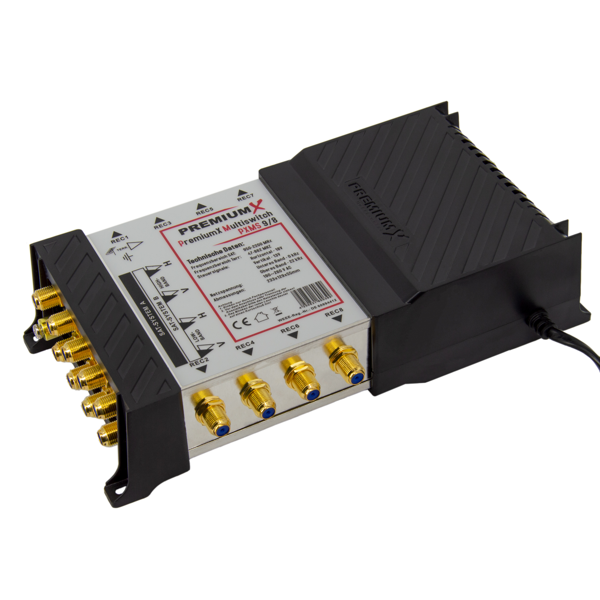 Ein PremiumX Multiswitch PXMS 9/8 mit vielen Anschlüssen, silbernem Gehäuse und schwarzem Deckel.