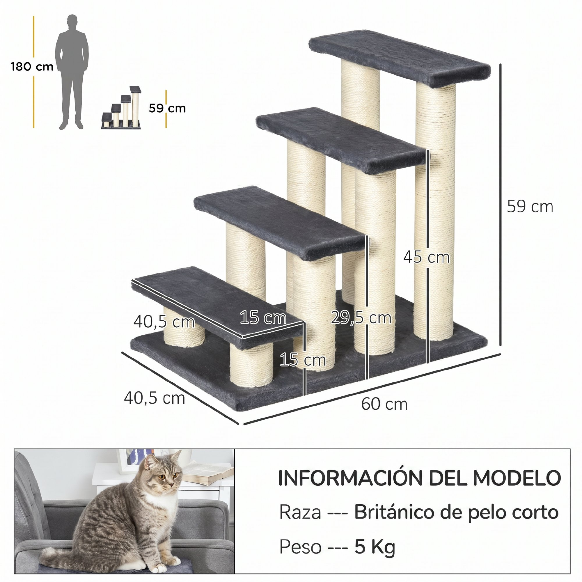 Árbol rascador multinivel de felpa y sisal, con medidas y un gato sentado.